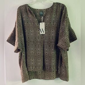 Worthington Geometric Brown & White Flared Sleeve Blouse Size XL New With Tags